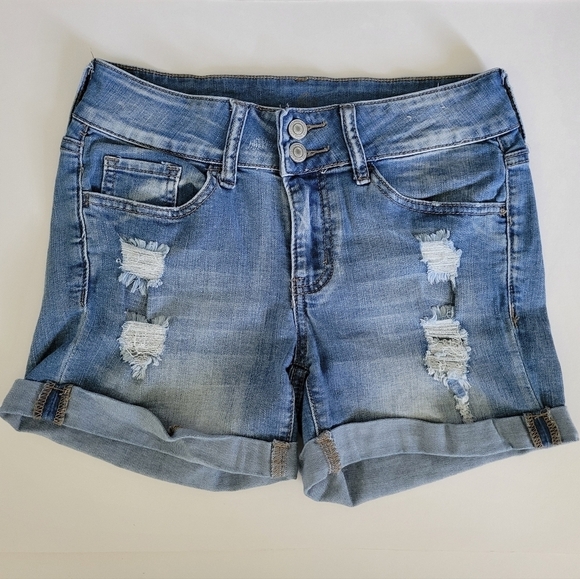 SO Pants - SO Light Blue Wash Midi Distressed Cuffed Jean Shorts